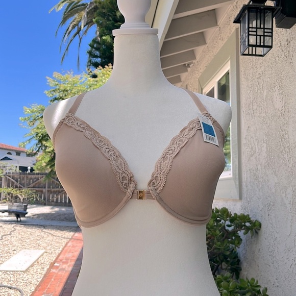 NWT Natori Tan and Cream Lace Trimmed Feathers Cafe Bra 34DDD Front Closure - Picture 1 of 8